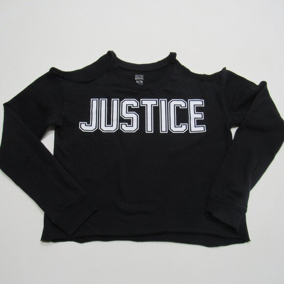 Justice Girls Graphic Logo Black Cold Shoulder Sweatshirt Top Size 14/16 - Picture 4 of 8